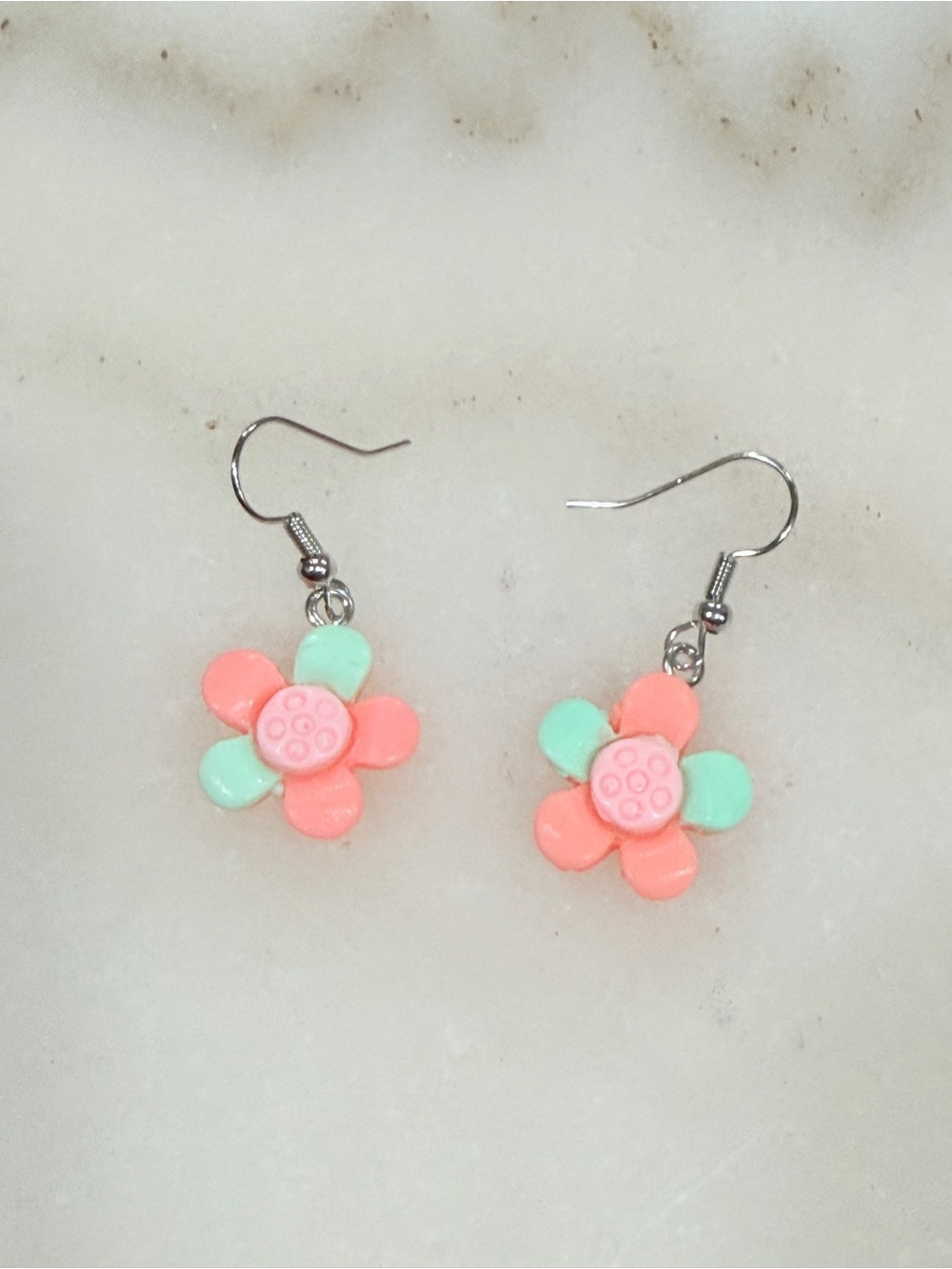 Mint and Coral Flower Dangle Earrings Handmade Novelty Gift Jewelry